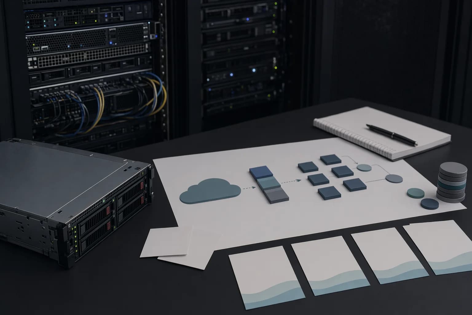 Cloud modernization planning scene with migration wave artifacts