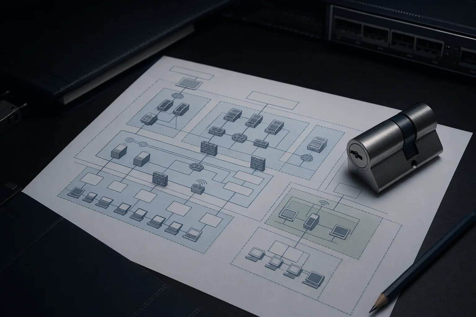 Secure architecture review desk with segmentation blueprint and lock hardware