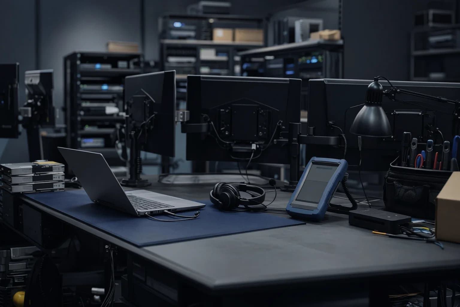 Practical IT support bench with response tools and devices