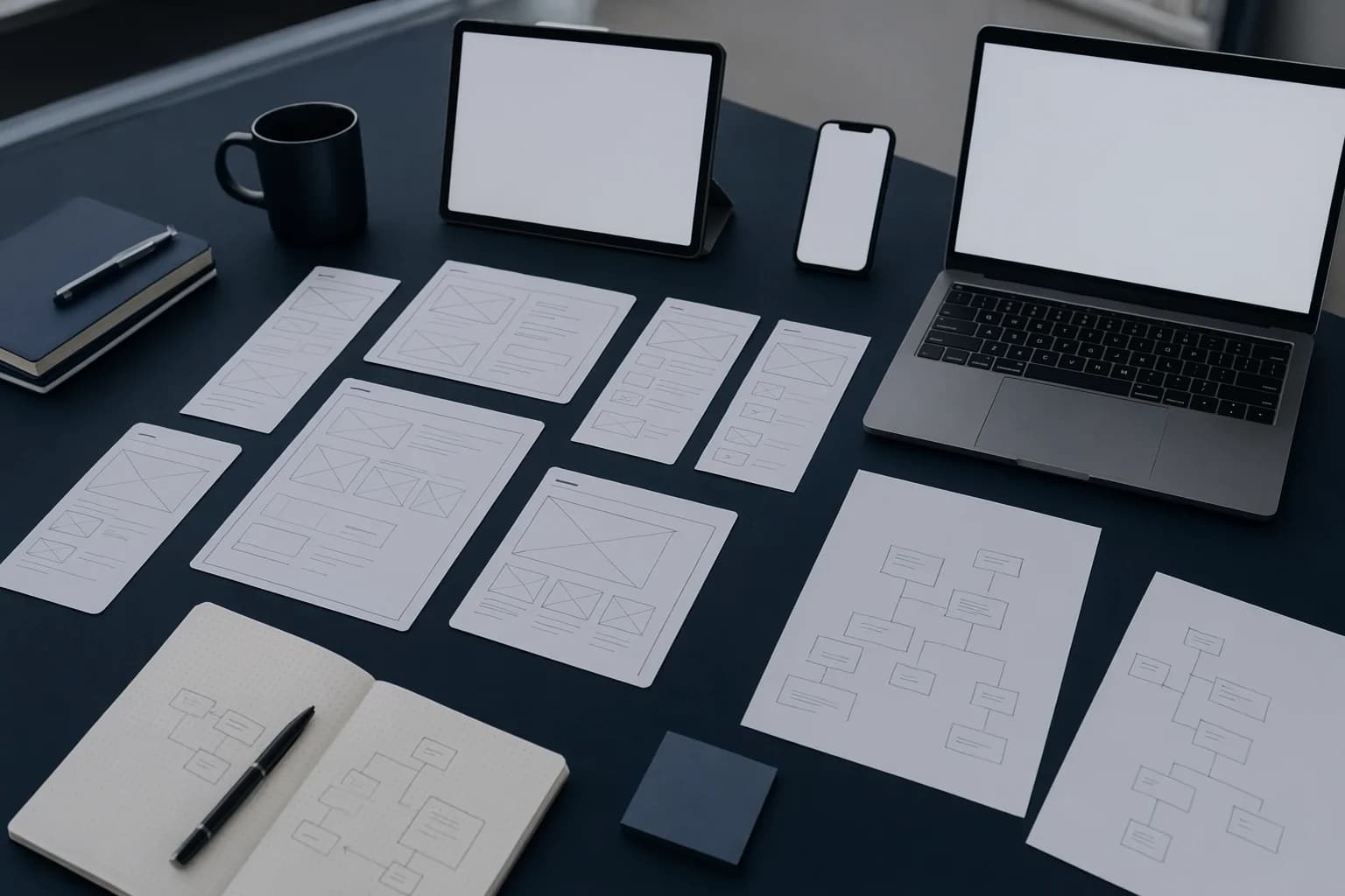 App approach article image with web, mobile, and architecture planning artifacts
